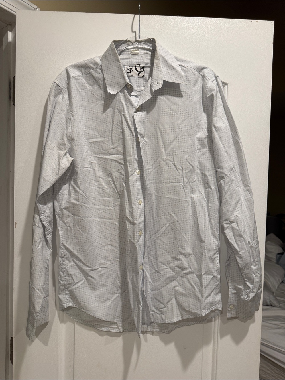 Barneys New York CO-OP White Dress Shirt with Light Gray Micro-Check